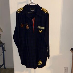 Sam Edelman Navy Blue Embroidered Shirt with Gold Accents
